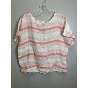 Artisan NY Short Sleeve Shirt Womens L Pink Linen Stripes Coastal Lagenlook Boxy